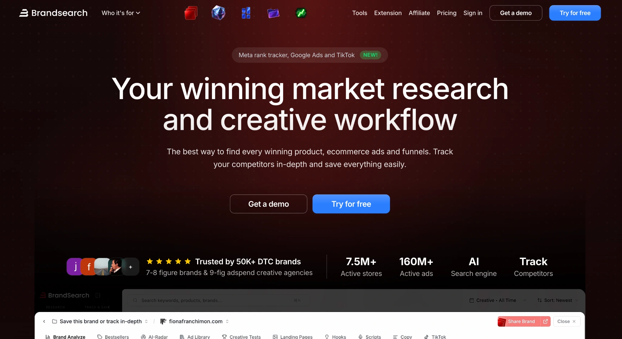 Brandsearch homepage hero: winning market research and creative workflow tool