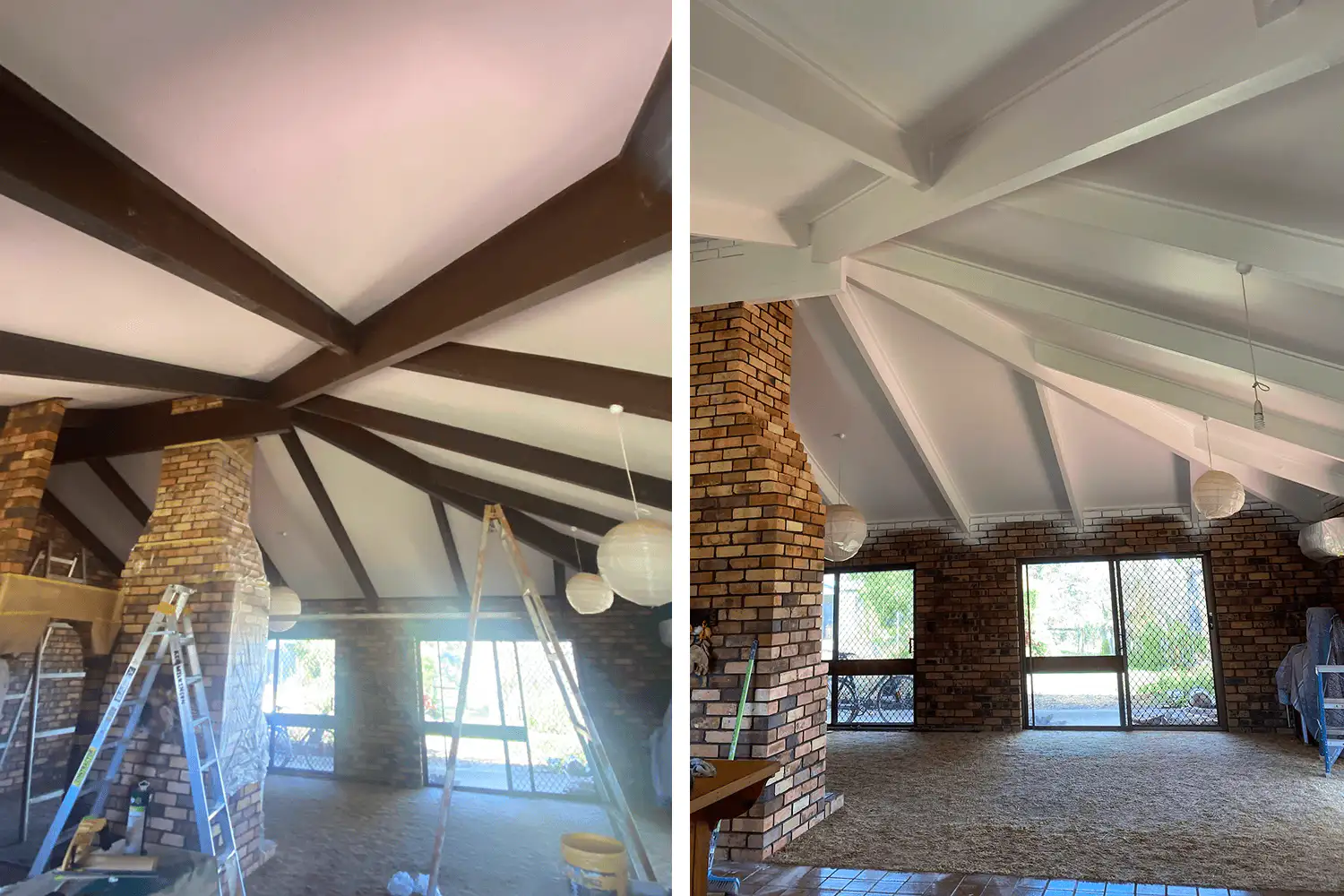 Exposed Beam Ceiling Brightened with Fresh White Finish