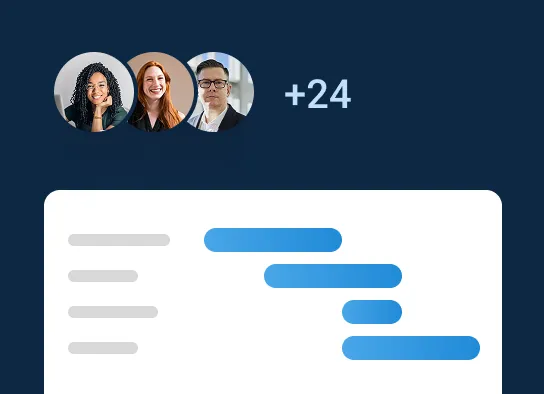 Team-Kollaborations-Dashboard mit Profilbildern von Teammitgliedern, darunter eine Zeitleiste mit blauen Balken.