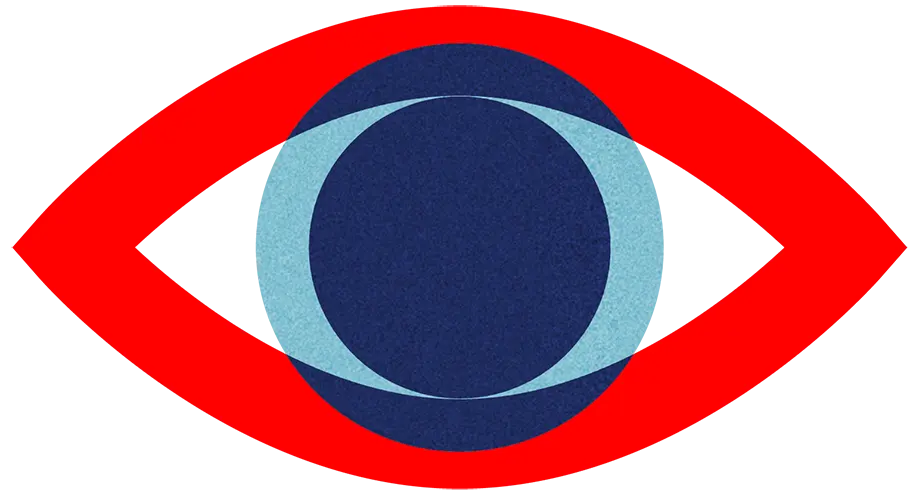 Illustration stylisée d'un œil avec un contour ovale orange et un cercle bleu clair au centre.
