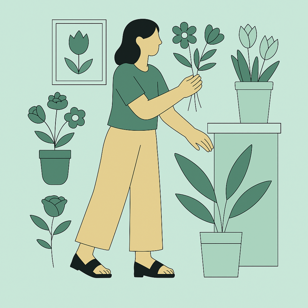 Person arranging flowers and plants in a minimalist green setting