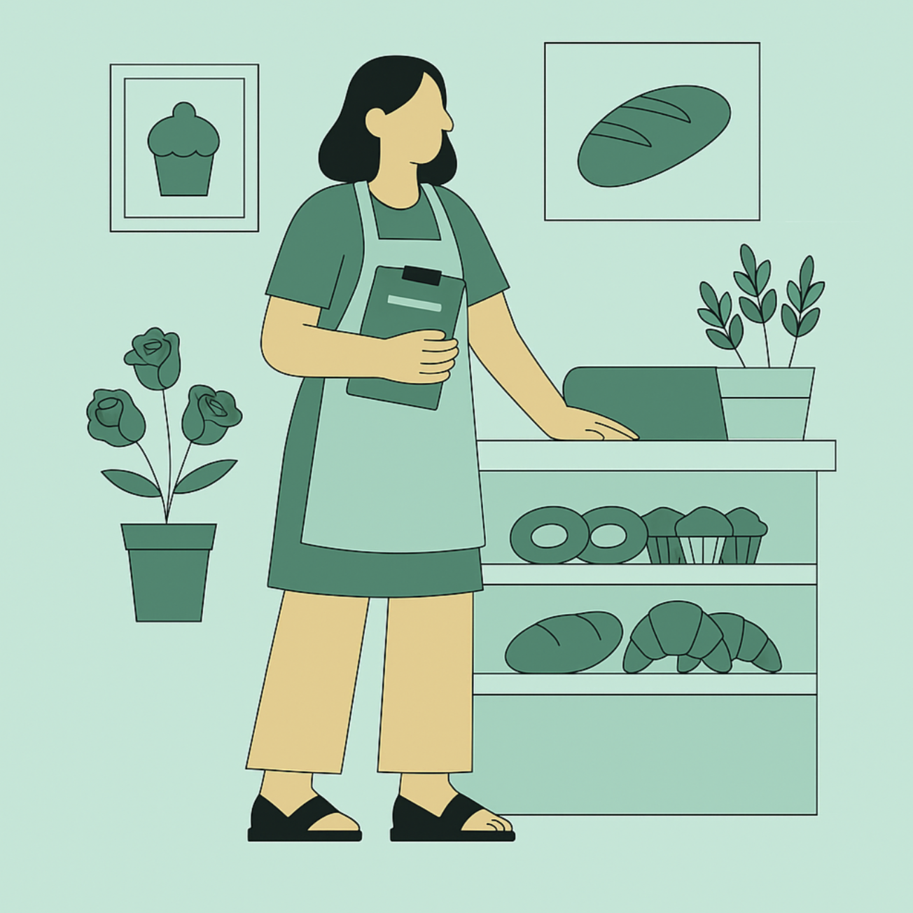 Baker working in bakery with bread, pastries, flowers, and plants