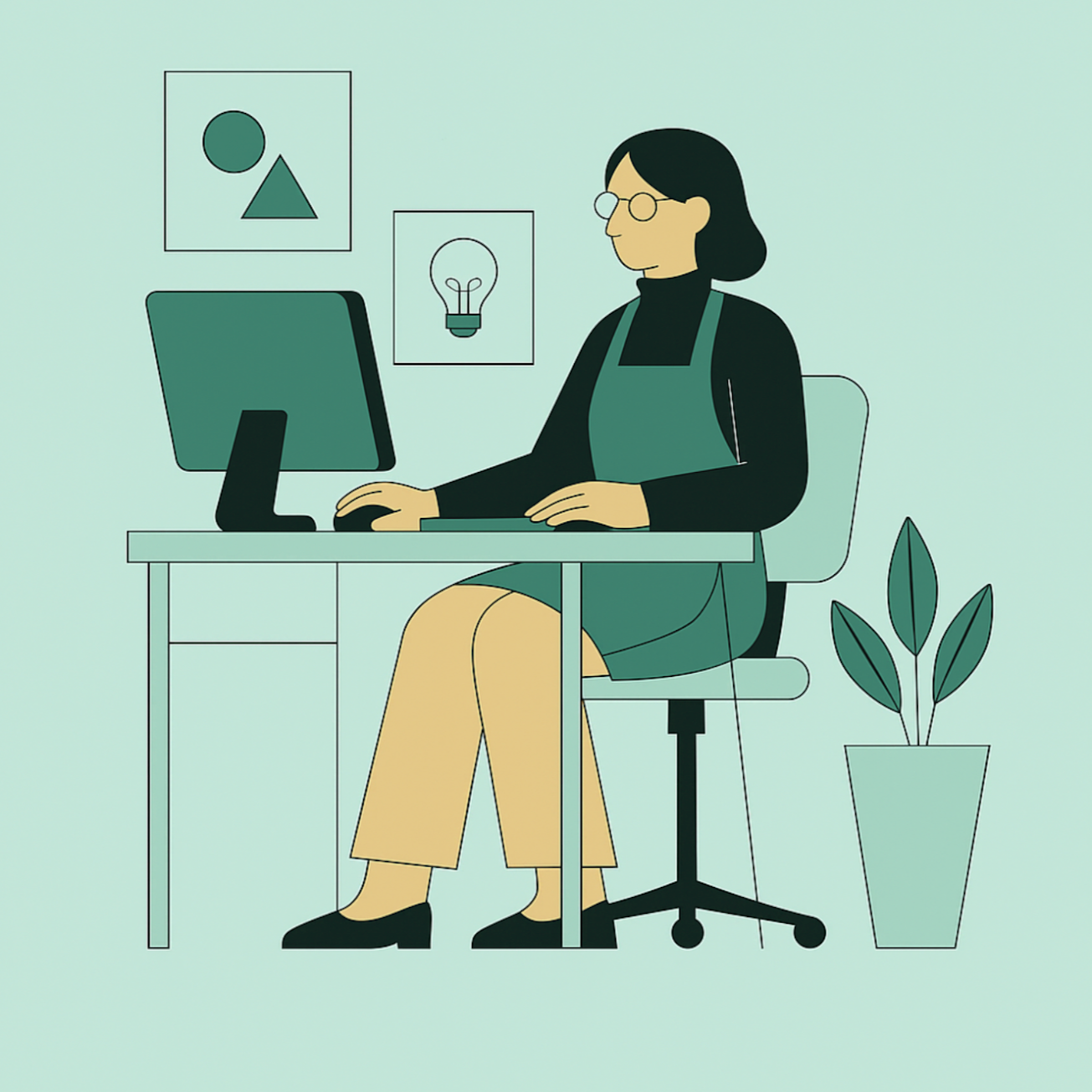 Person working at computer with creative art and plant in office