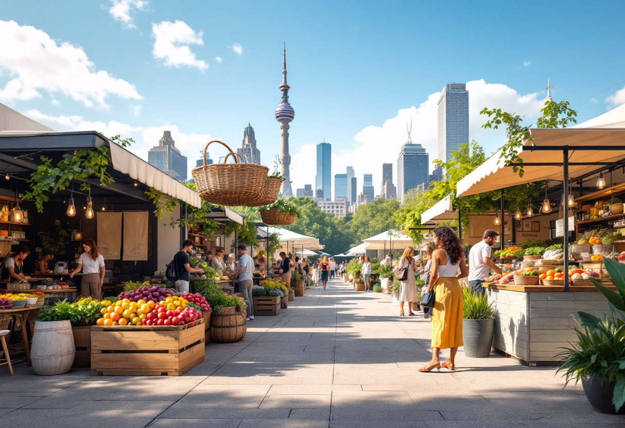 image of a modern, bustling farmer's market setting
