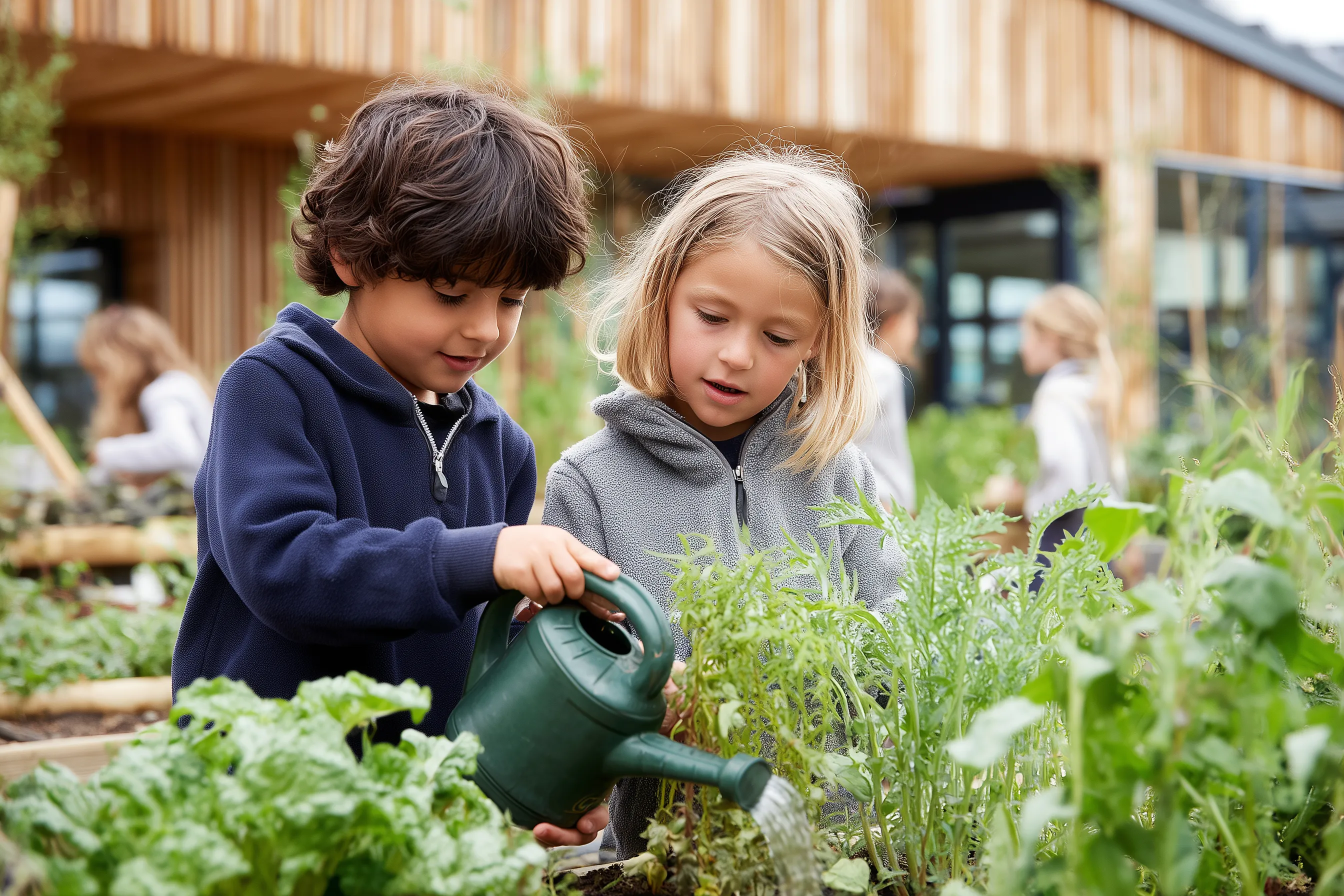 2 Kinder spielen mit einer Gießkanne