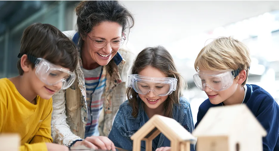 3 Kinder und eine Lehrerin machen wissenschaftliche Experimente