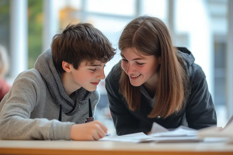 2 Schüler diskutieren die Hausaufgaben