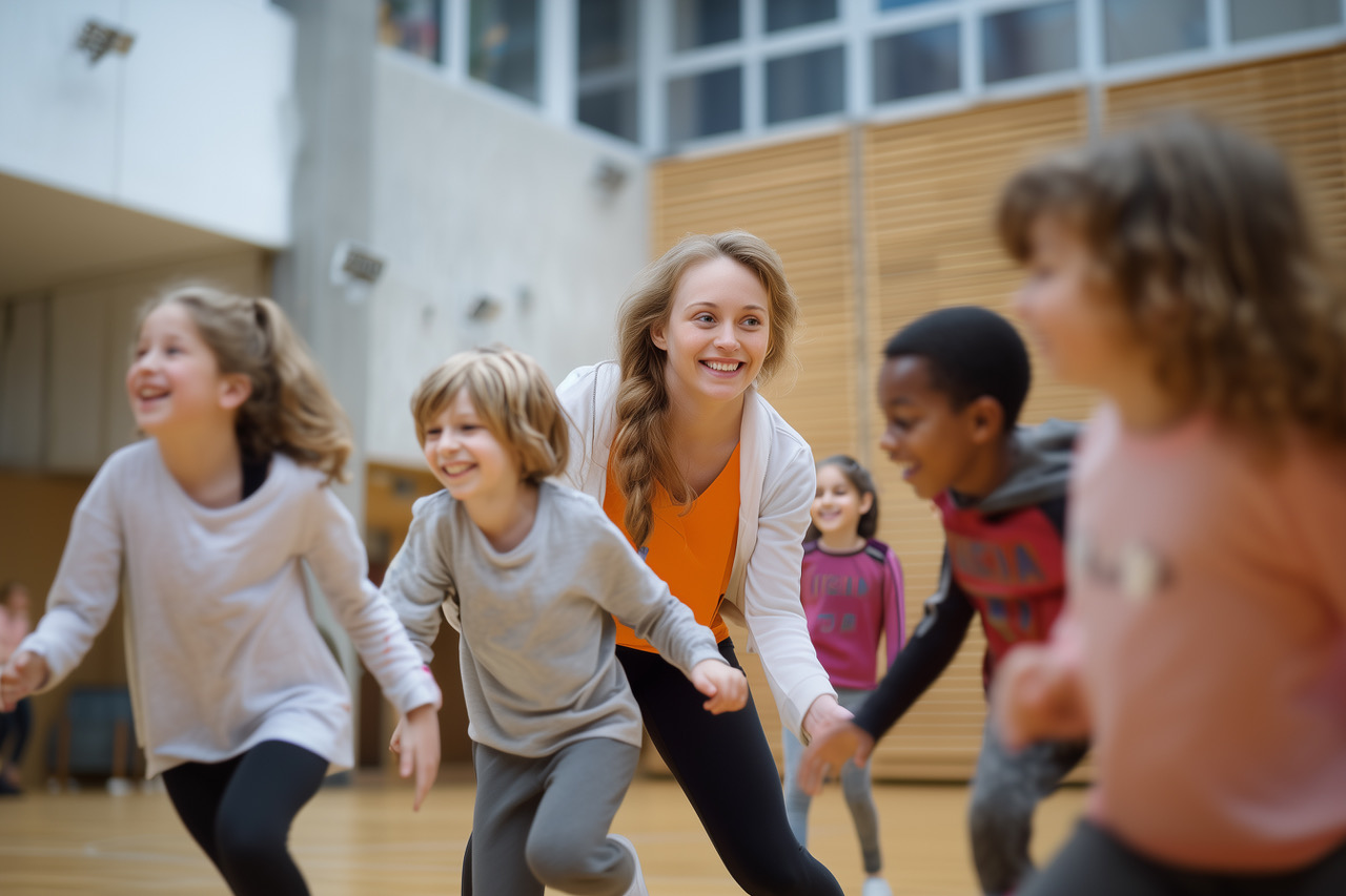 Lernbegleiterin mit Kindern in der Sporthalle der Academy of LIFE