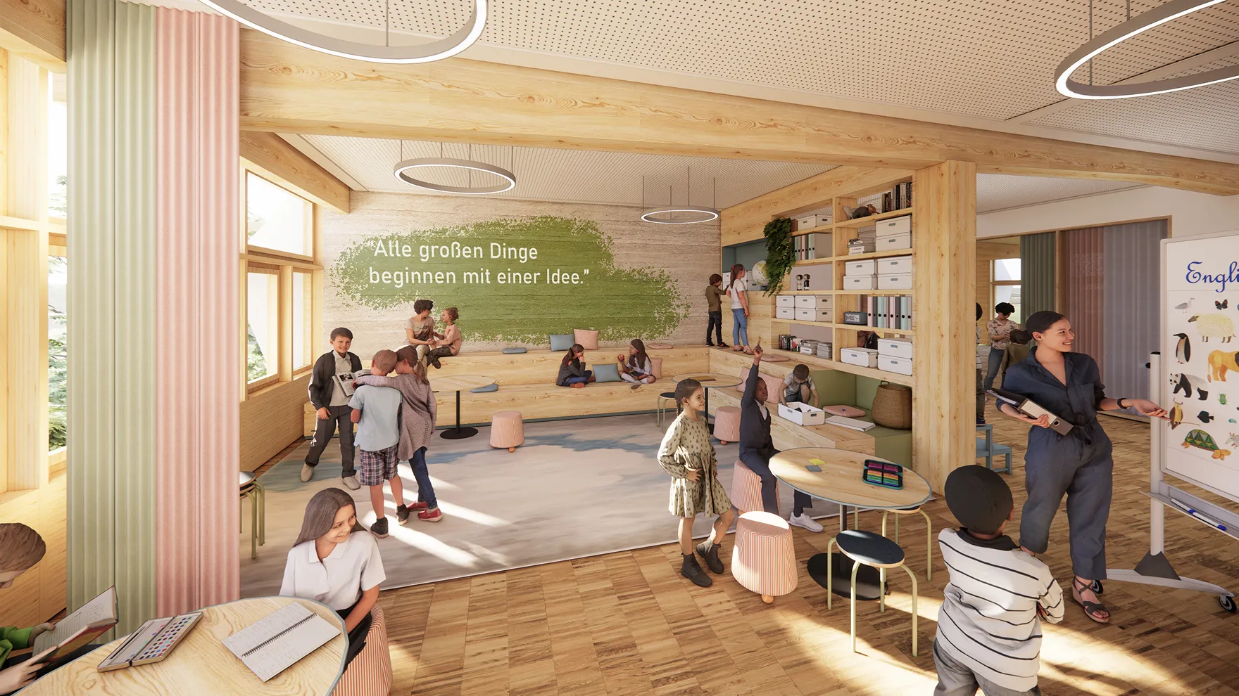 Rendering des zukünftigen Marktplatzes der Grundschule mit Schüler*innen der Academy of LIFE