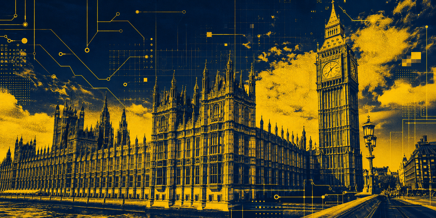 [IMAGE: UK government building with digital overlay suggesting technology policy] 