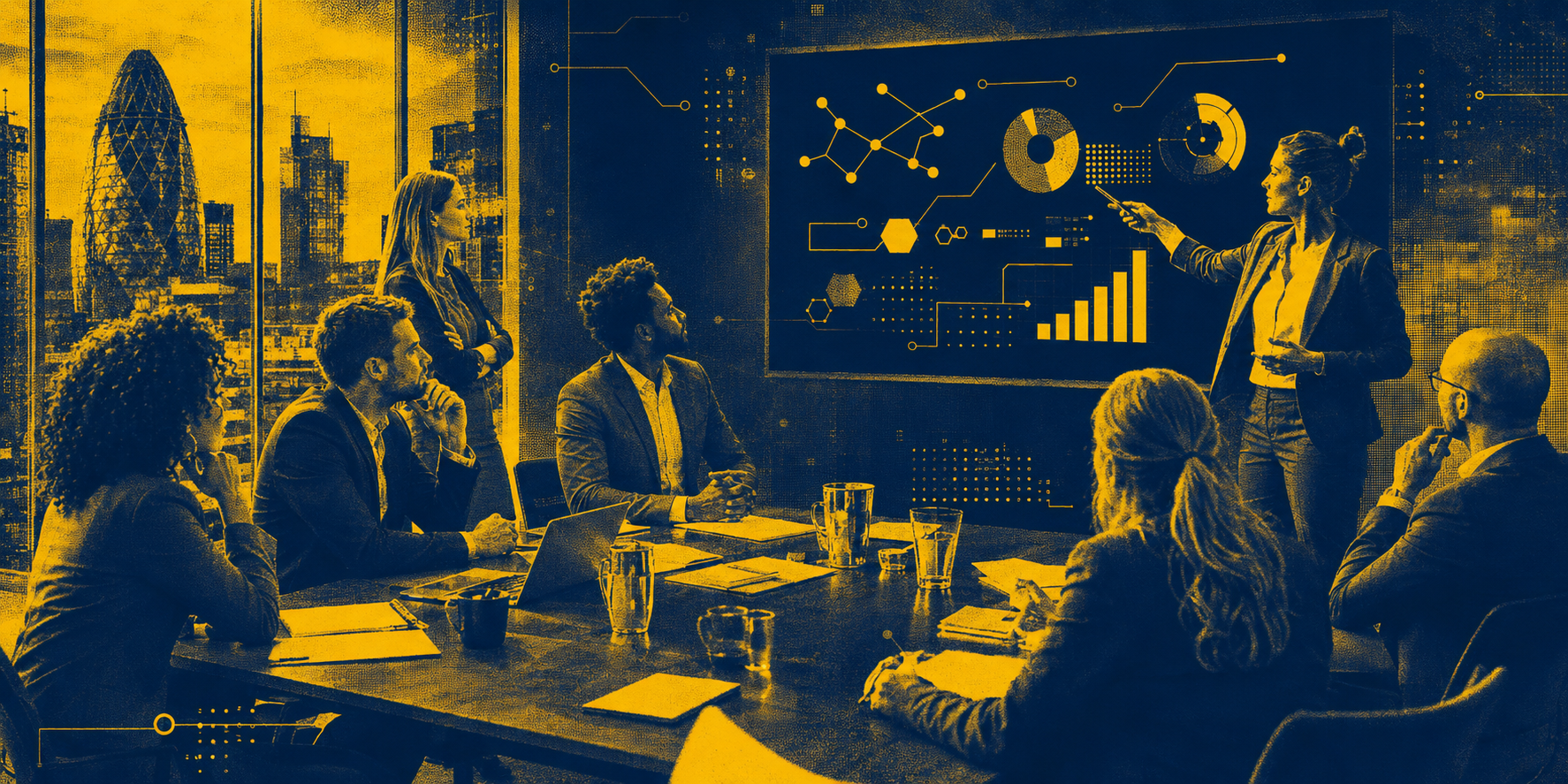 [IMAGE: Team in a workshop session with a facilitator presenting strategic AI findings]
