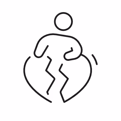 Simple line icon of a person holding a broken heart, symbolizing trauma.