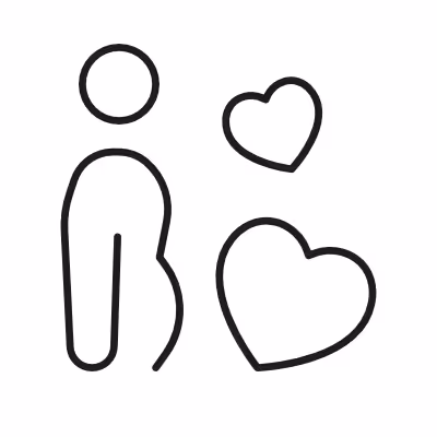 Simple line icon of a pregnant women standing beside two hearts, symbolizing pre- and postnatal issues.