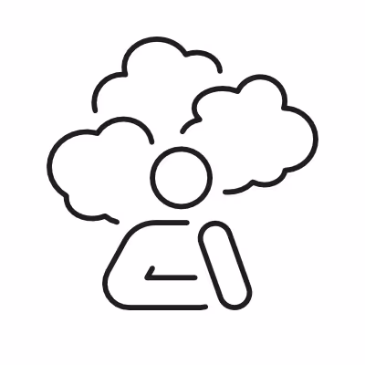 Simple line icon of a person surrounded by clouds, symbolizing depression.