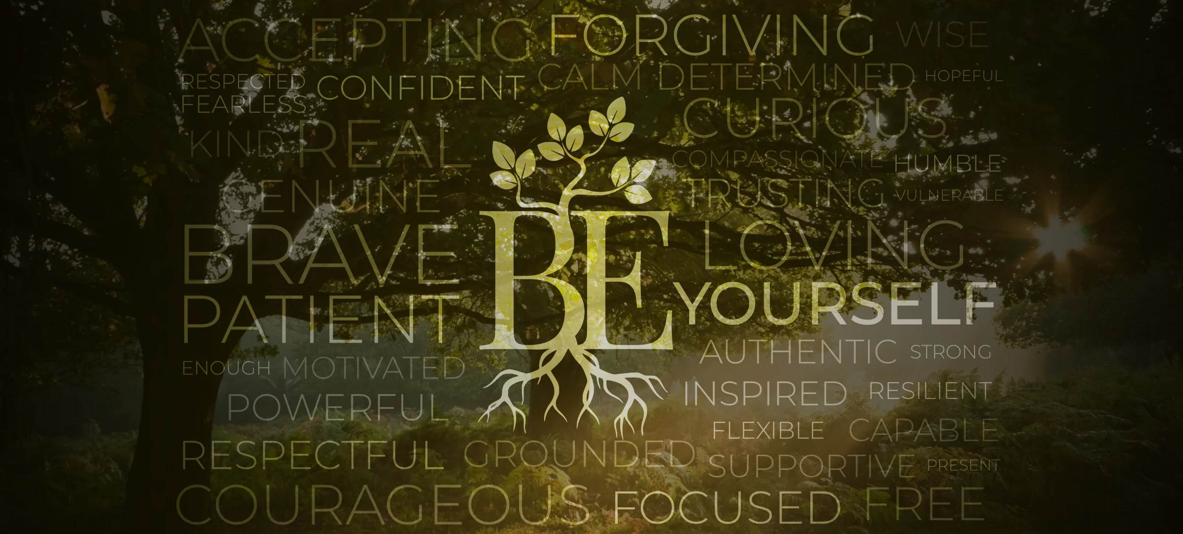 Belén Estrada Psychology image featuring the ‘BE’ logo with tree roots and branches, symbolizing growth and grounding, set against a forest background. The central message reads ‘BE Yourself,’ surrounded by empowering words that reflect the many ways of being yourself — Accepting, Forgiving, Wise, Respected, Confident, Calm, Determined, Hopeful, Fearless, Great, Curious, Kind, Real, Genuine, Compassionate, Humble, Trusting, Vulnerable, Brave, Loving, Patient, Authentic, Strong, Enough, Motivated, Inspired, Resilient, Powerful, Flexible, Capable, Respectful, Grounded, Supportive, Present, Courageous, Focused, and Free — celebrating self-acceptance and the fullness of being.