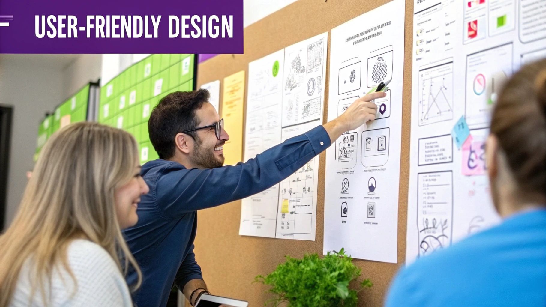 A detailed wireframe of a mobile app's user interface being sketched out on paper.