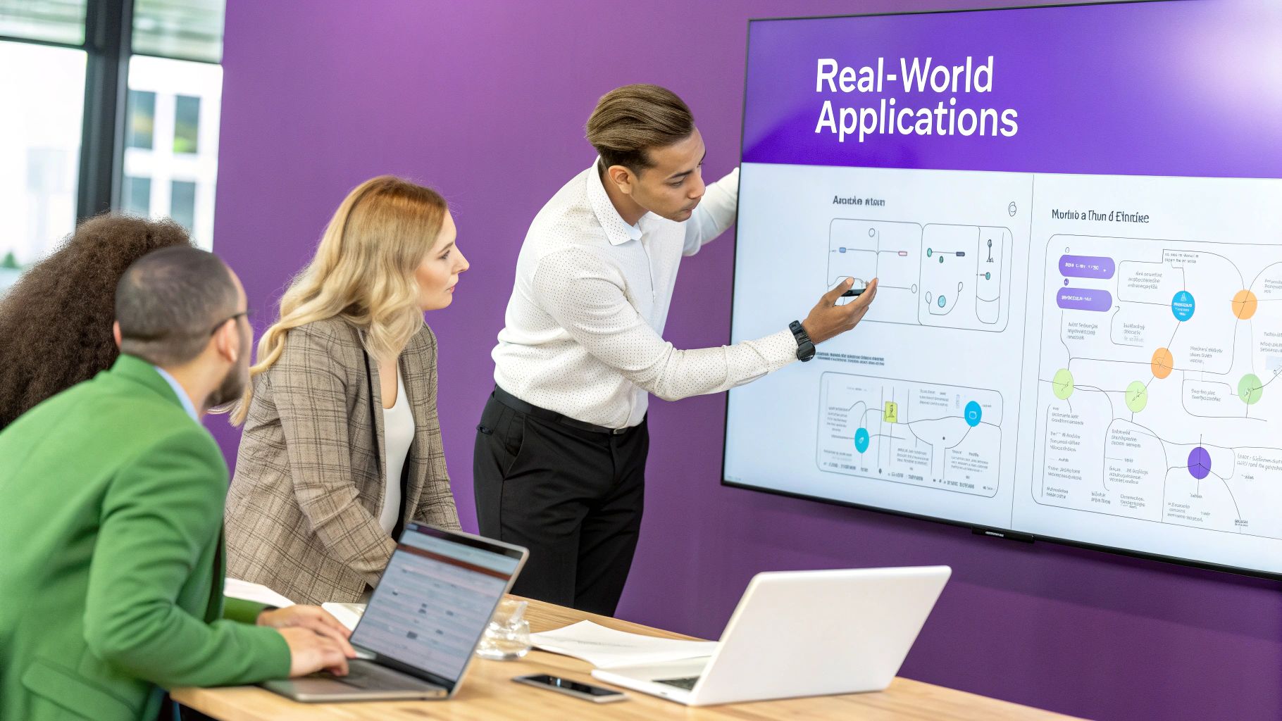 A developer using AI to analyze smart contract code on a screen, with blockchain network visualizations in the background