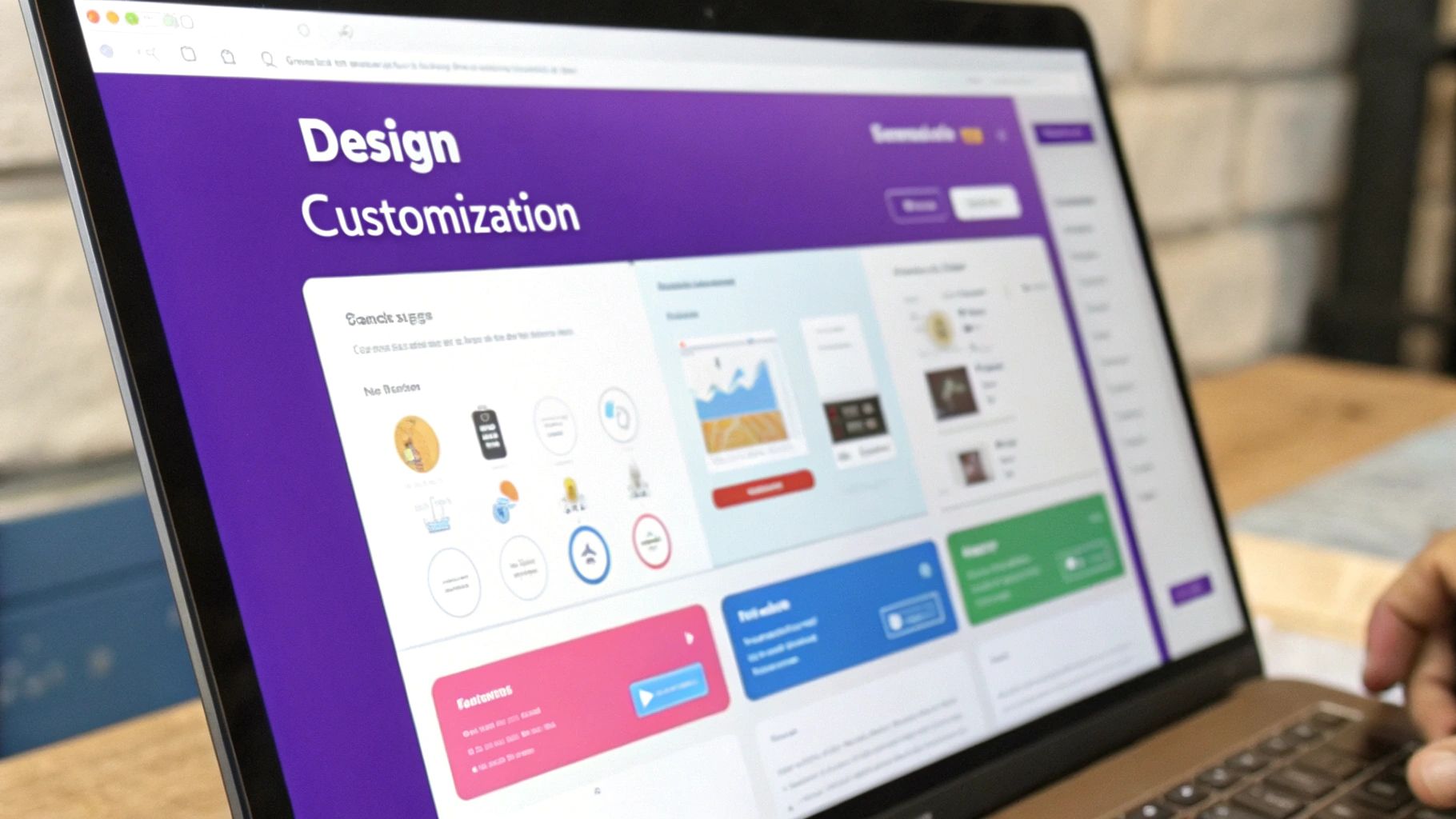 A designer using a tablet to customize an app's user interface with color palettes and font options.