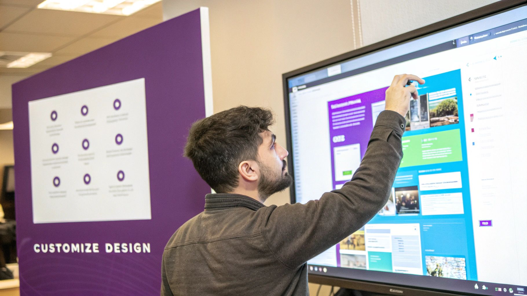 A user-friendly website editor interface showing customization options like color palettes and layout adjustments.