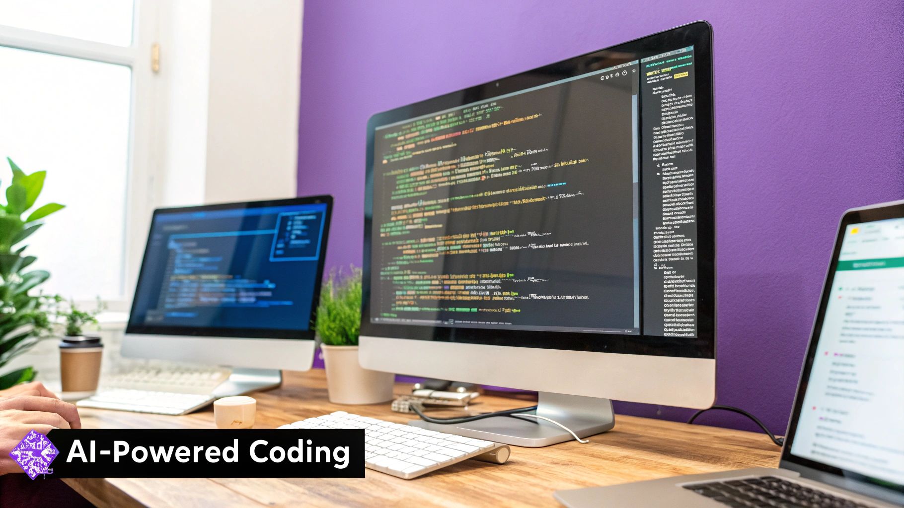A developer working alongside an AI, symbolizing the partnership between human creativity and artificial intelligence.