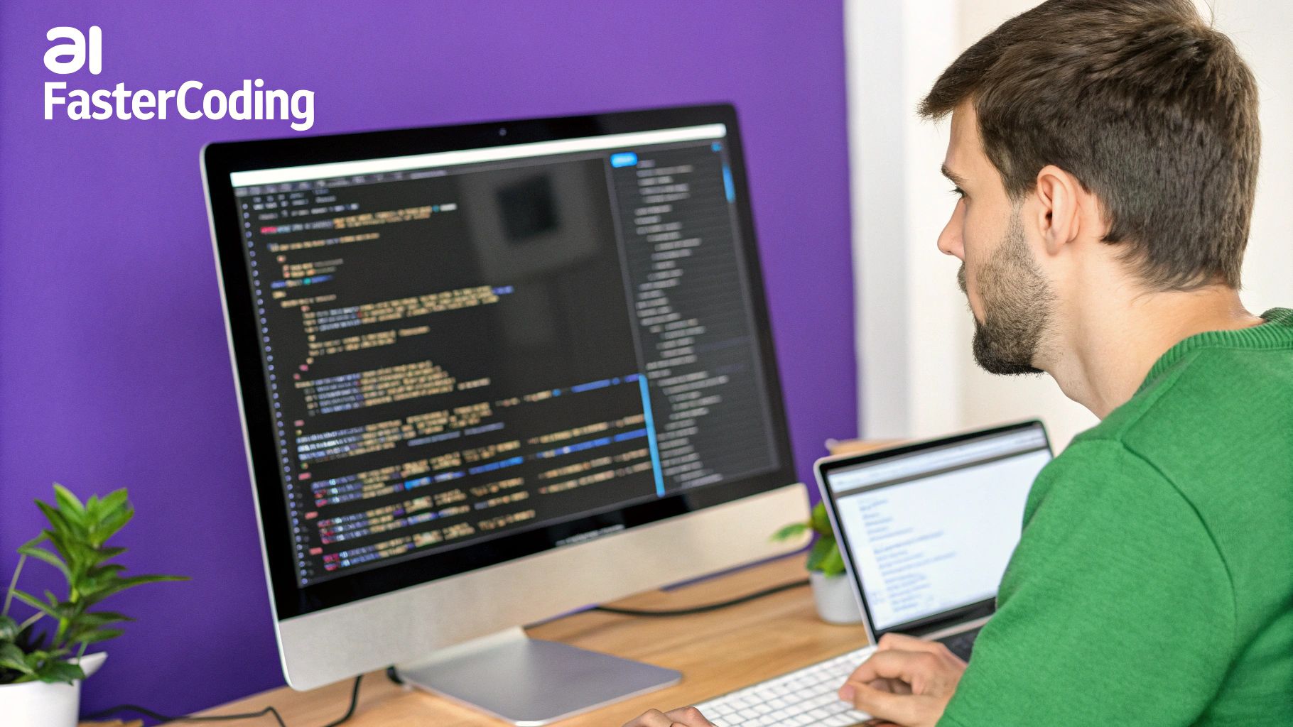 A developer collaborating with an AI on a futuristic interface, illustrating the new coding partnership.
