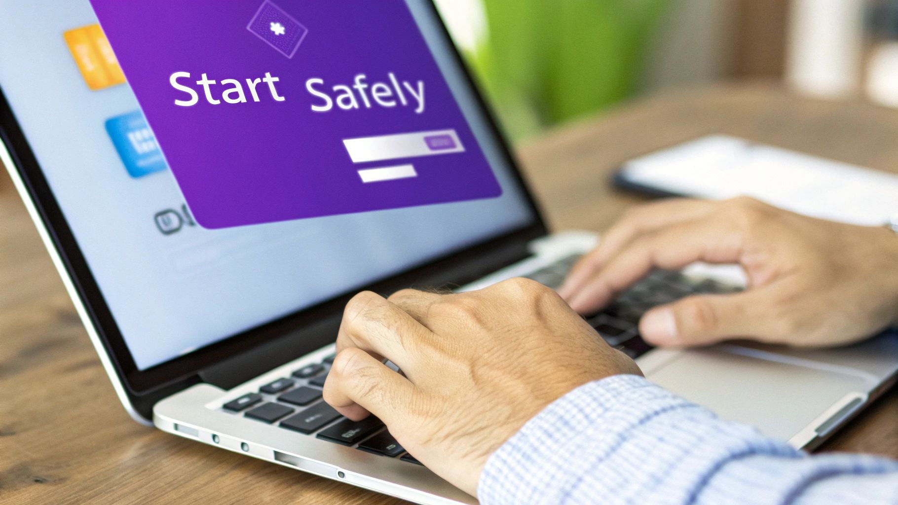 A person securely interacting with a digital interface, representing a safe entry into the world of decentralized finance.