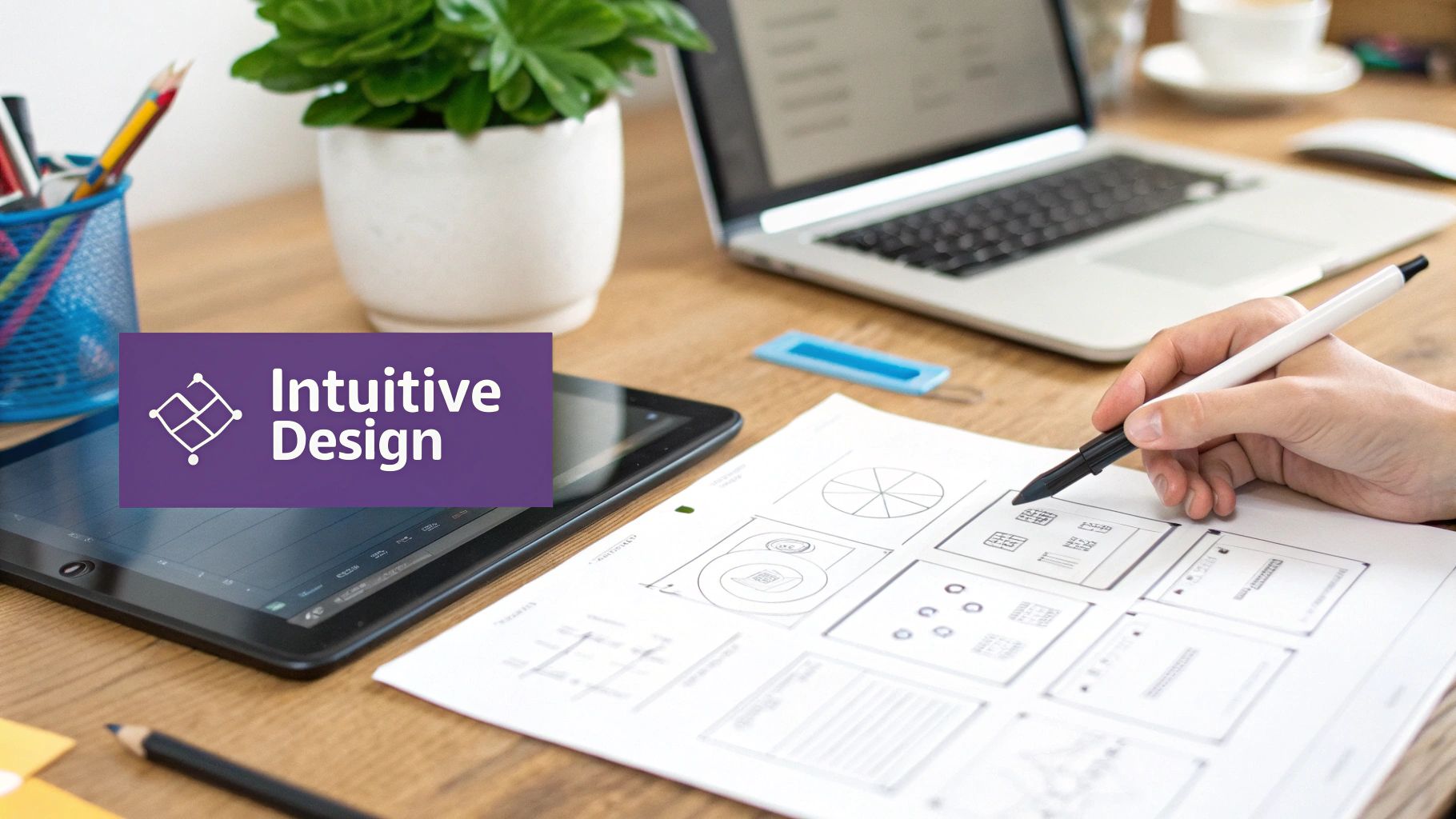 A designer working on app wireframes and mockups on a large screen.