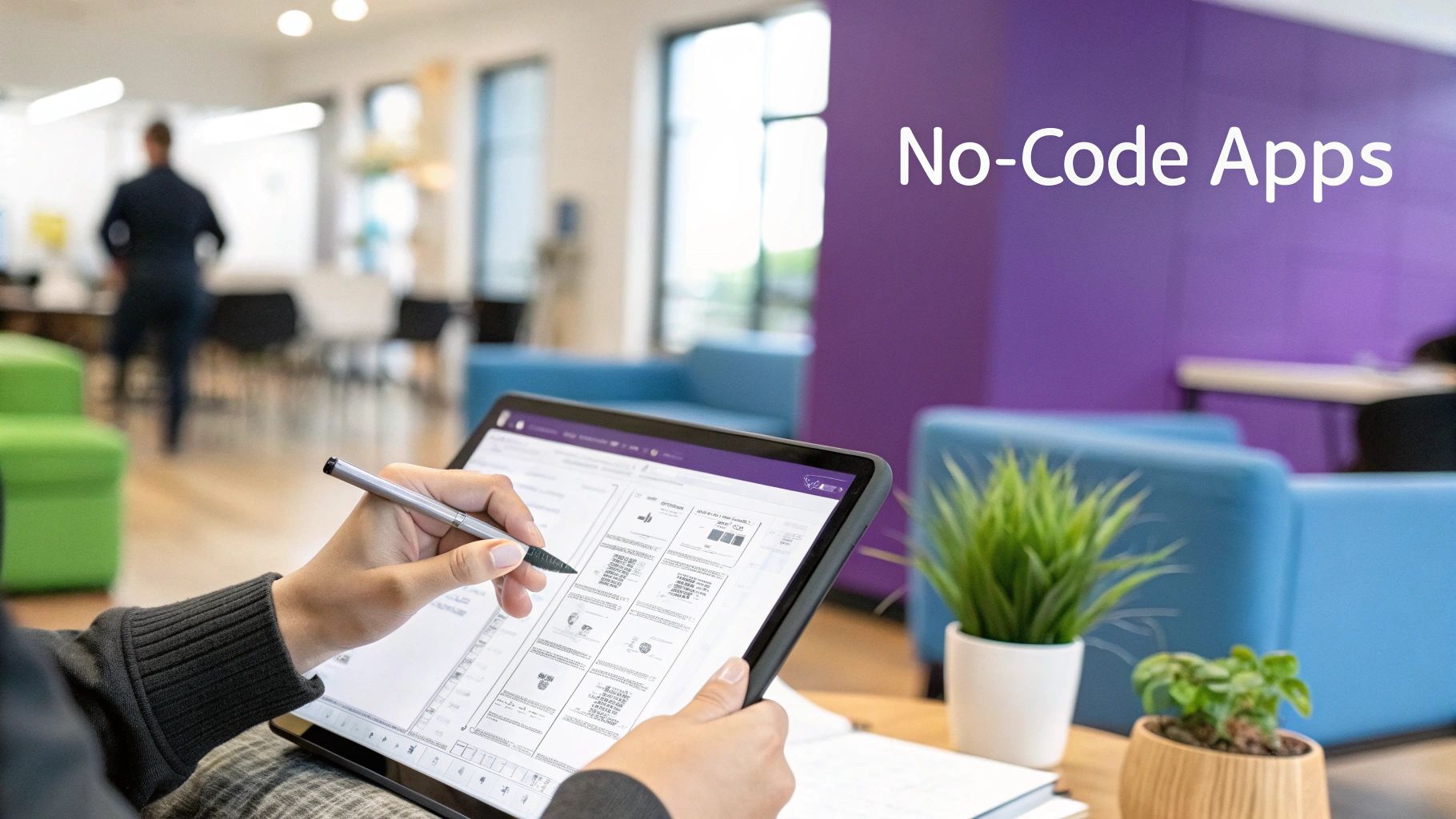 A person interacting with a futuristic, holographic interface representing AI app creation.