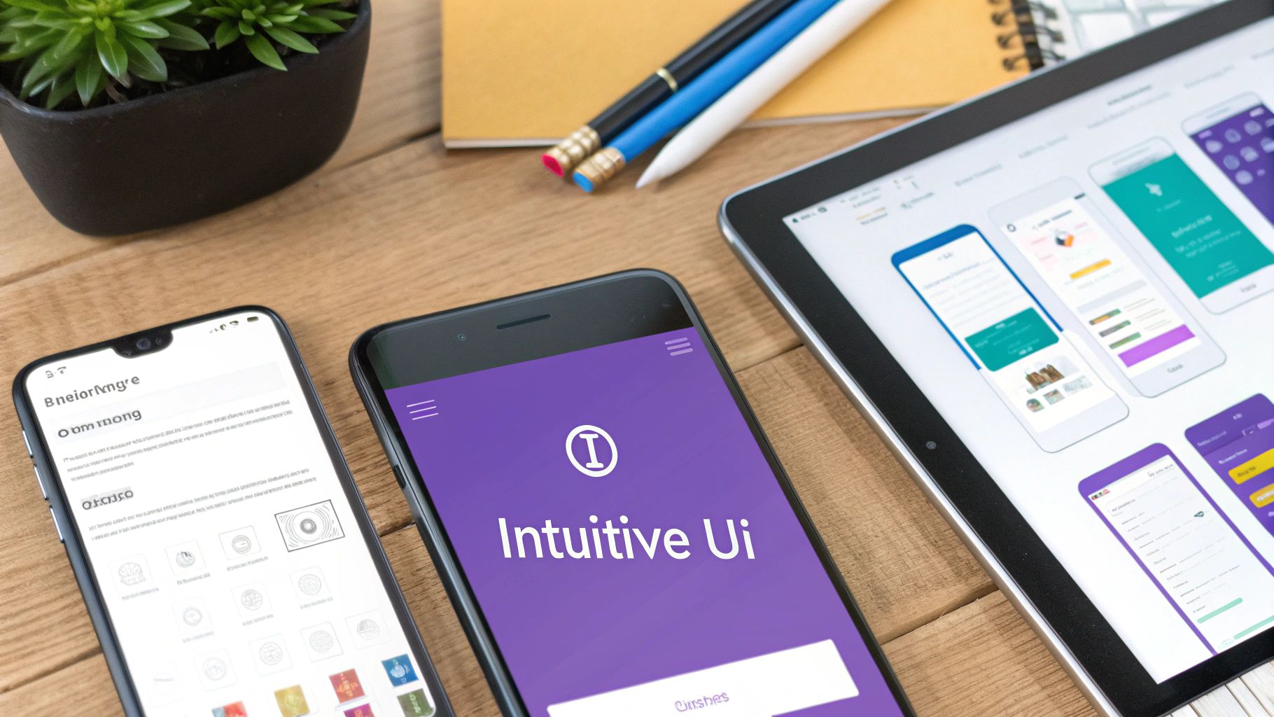 A person designing a user interface on a computer, showing elements of an app layout.