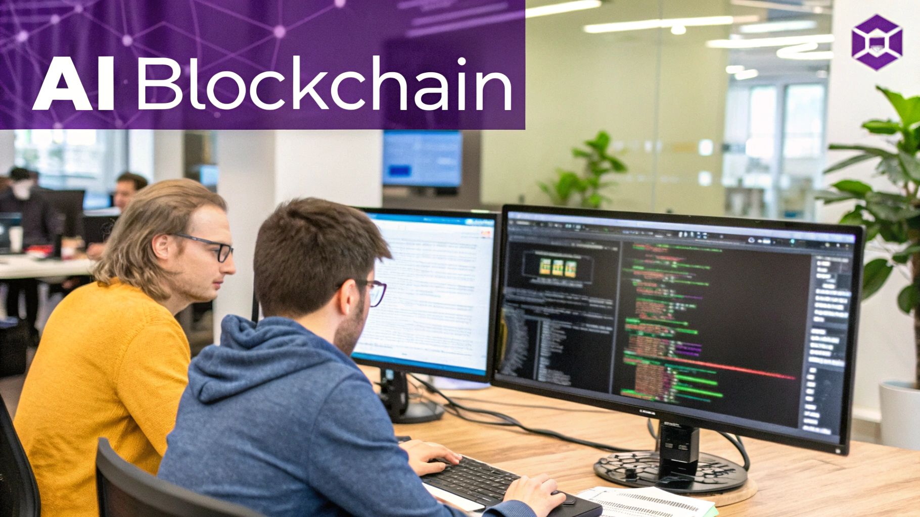 Developer working on a computer with abstract blockchain-inspired graphics in the background.