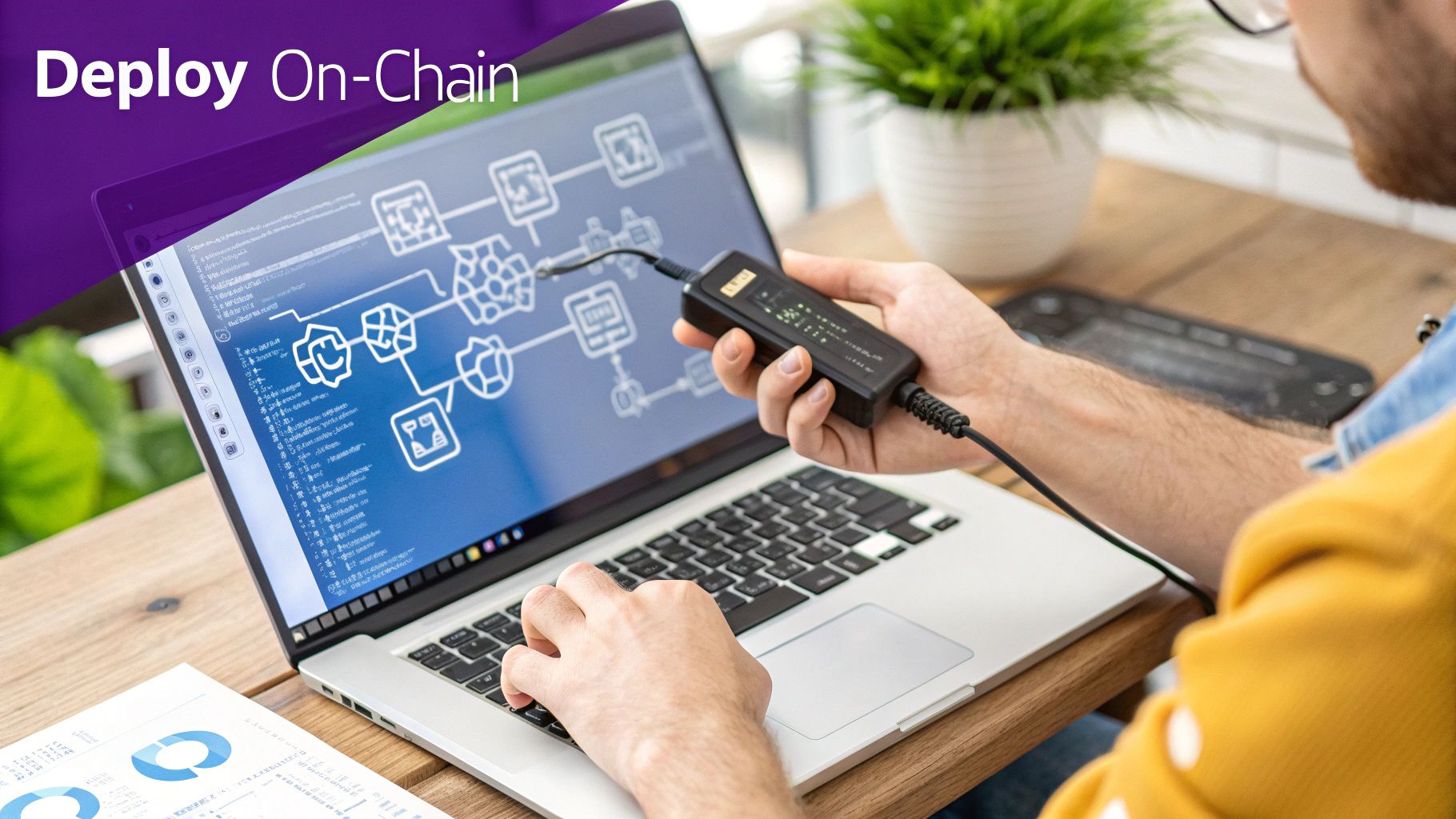 A visual representation of a smart contract being deployed to a decentralized network, with nodes and connections.