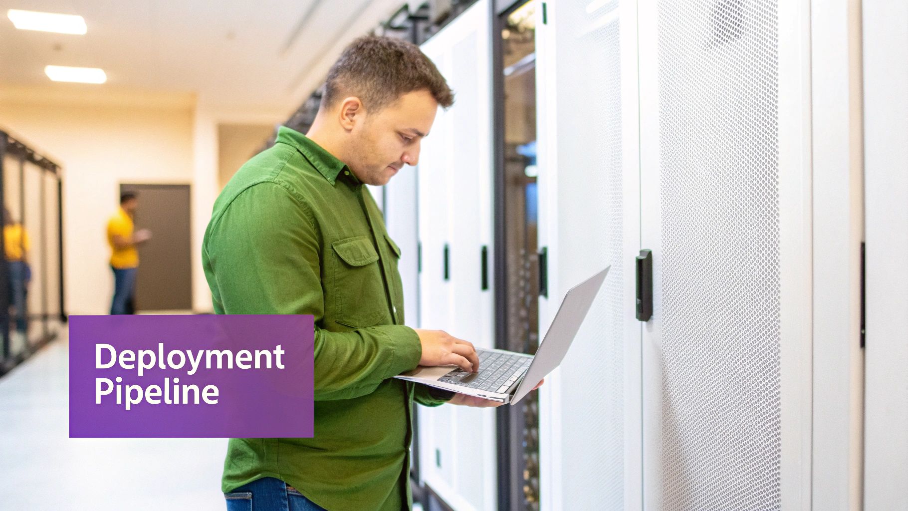 A futuristic server room with glowing blue lights, symbolizing a model in production.