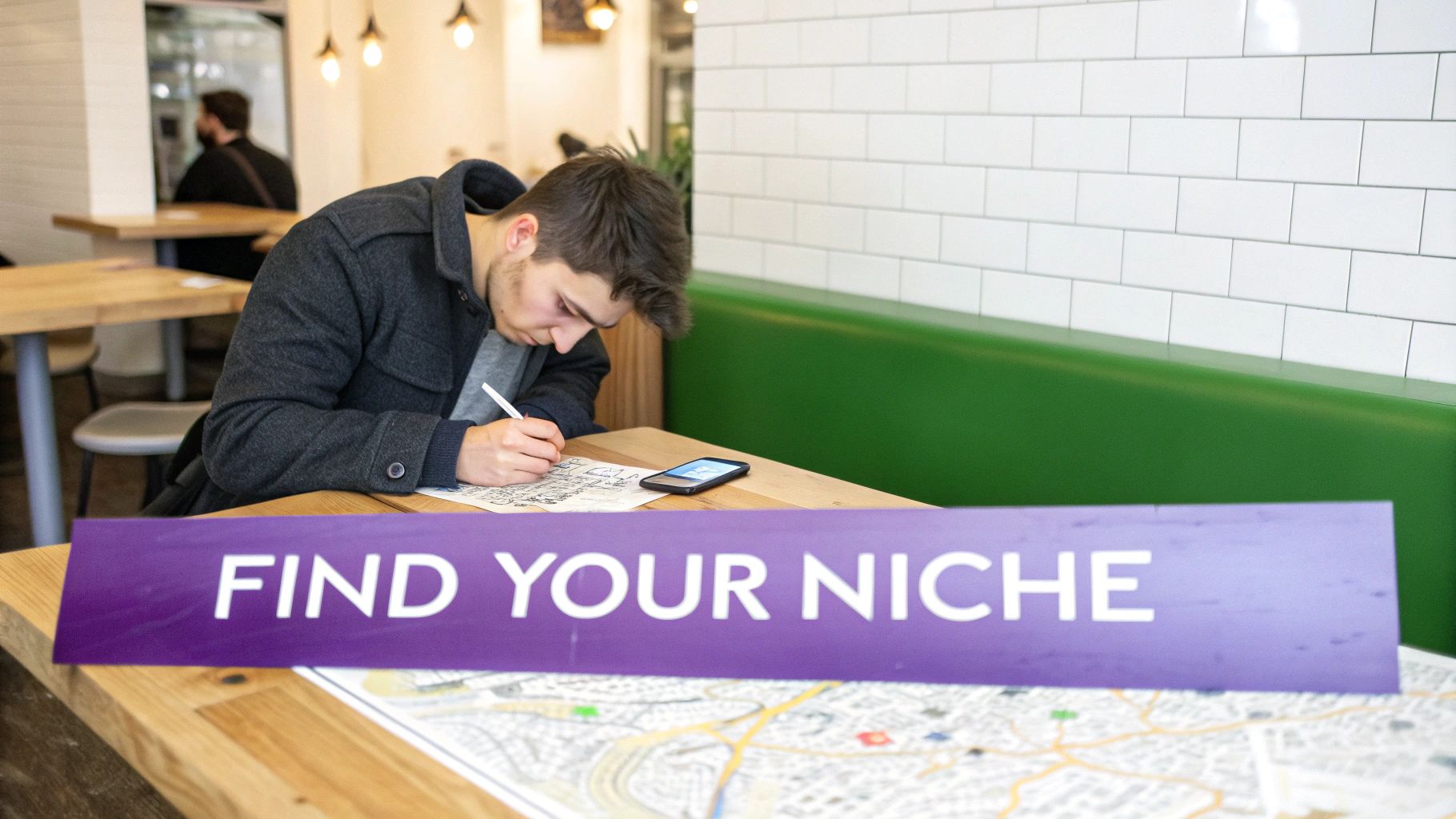 Illustration of several diverse people's profiles on a smartphone, highlighting one unique profile to represent finding a niche.