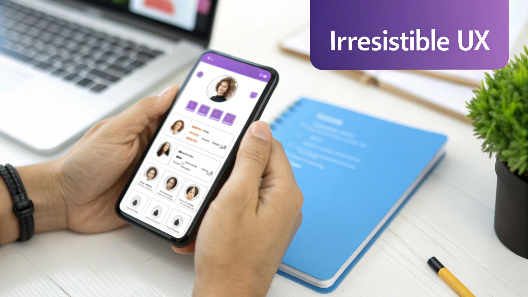 A person's hands holding a smartphone displaying a colorful and modern dating app interface.