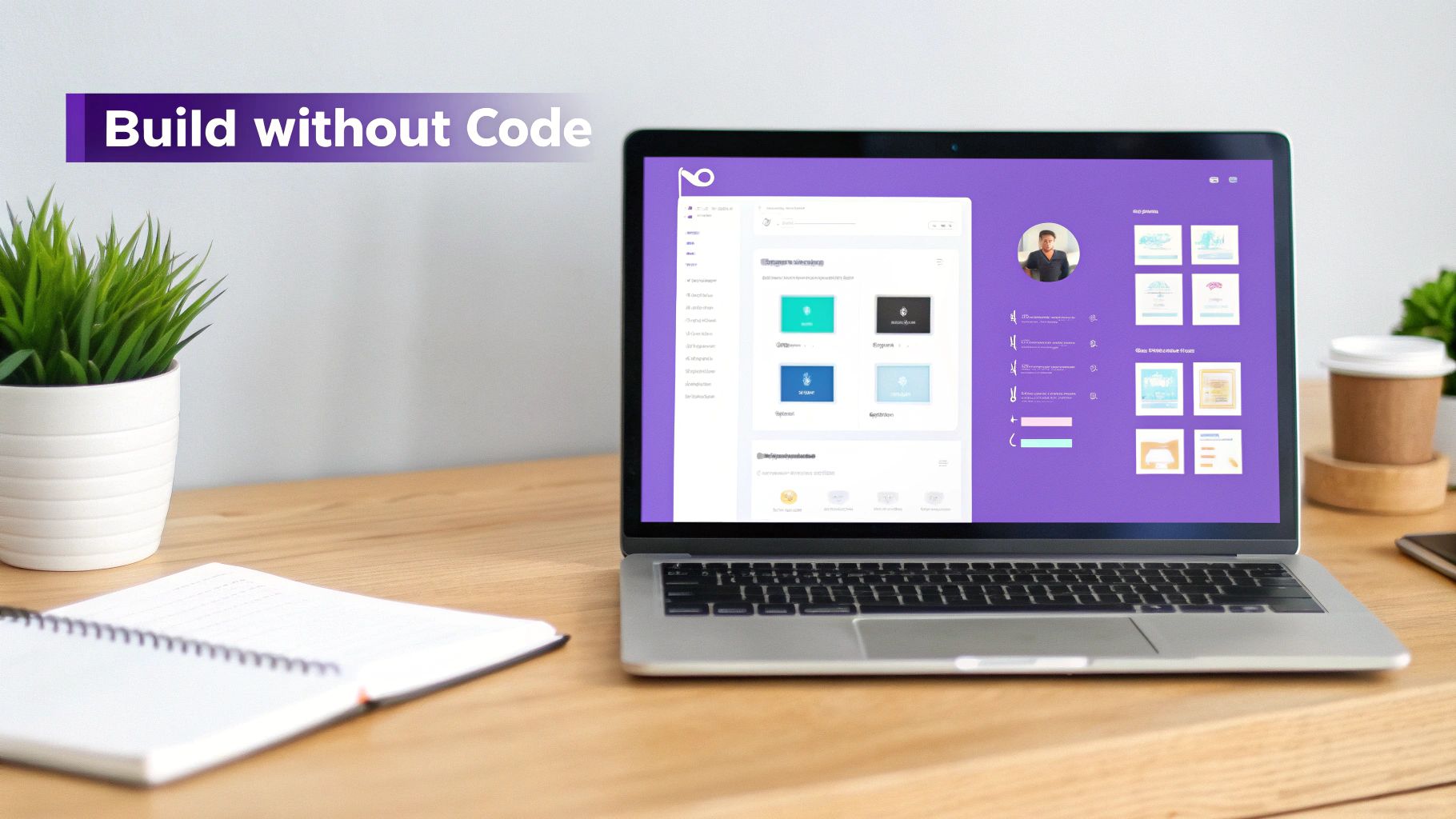 A developer uses a drag-and-drop interface on a large screen to build a dating app.