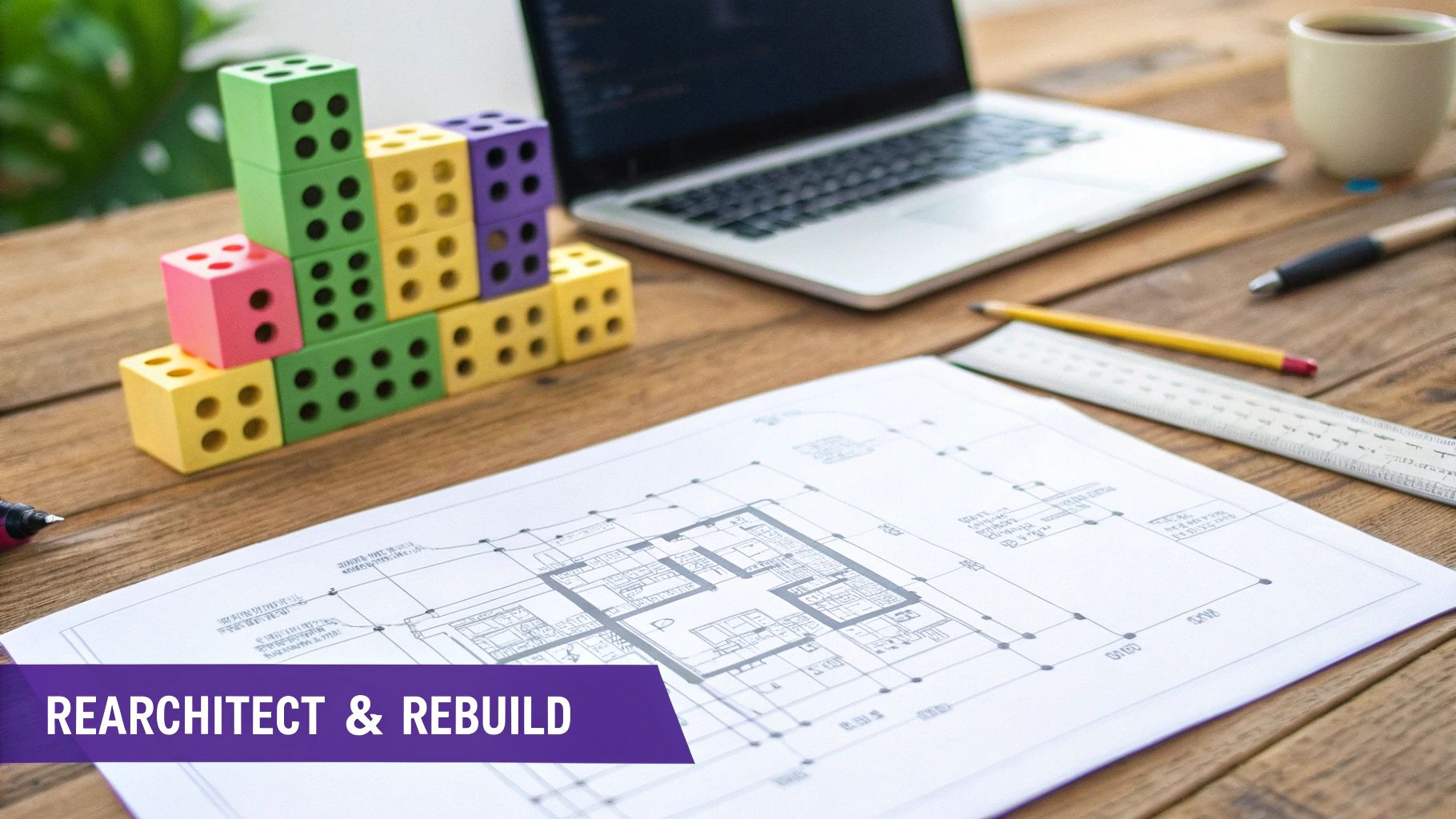 An illustration of a building being rearchitected and another being rebuilt from the ground up, symbolizing modernization.