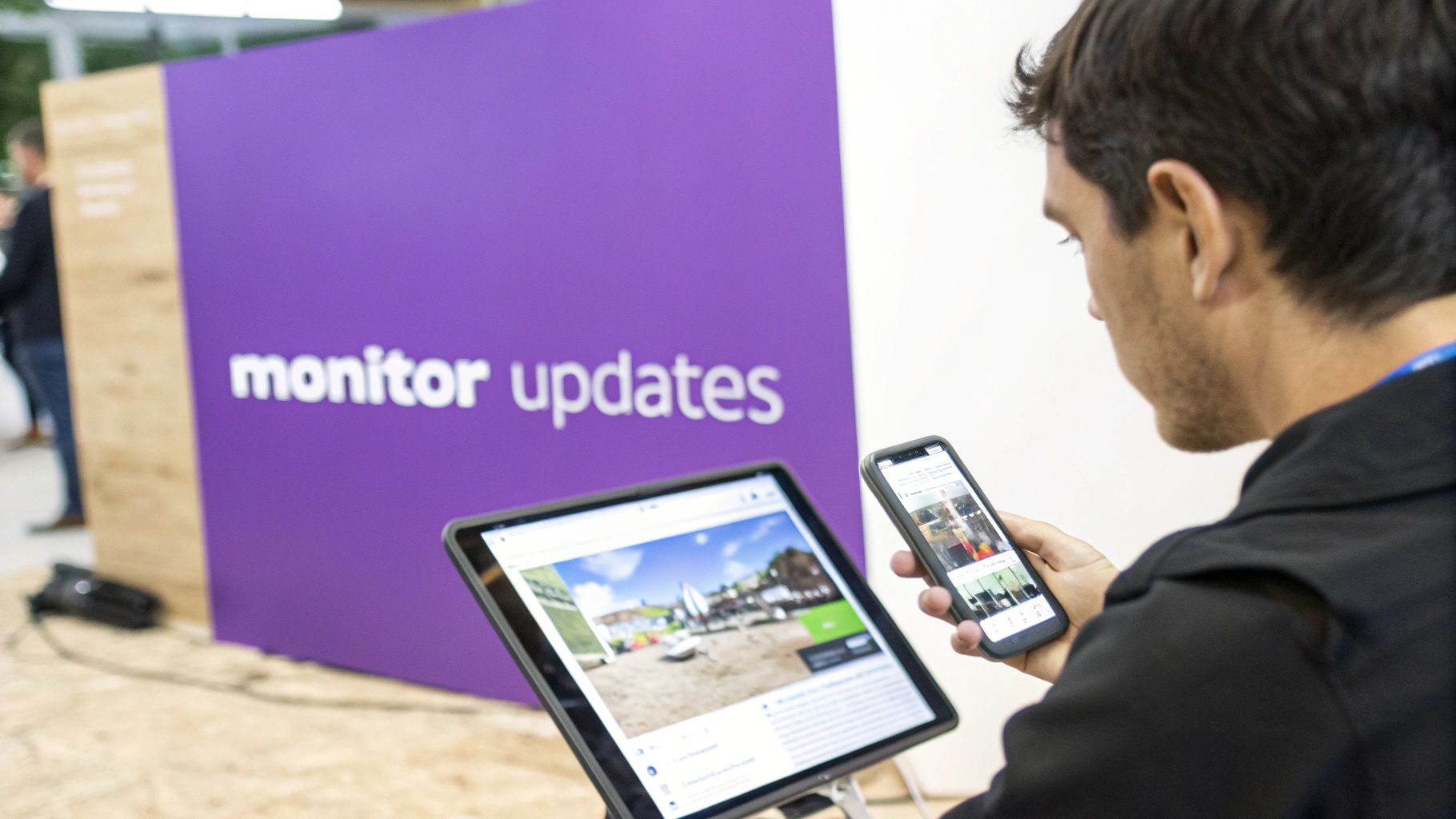 A person looking at a screen with question mark icons, representing common questions about publishing a website.