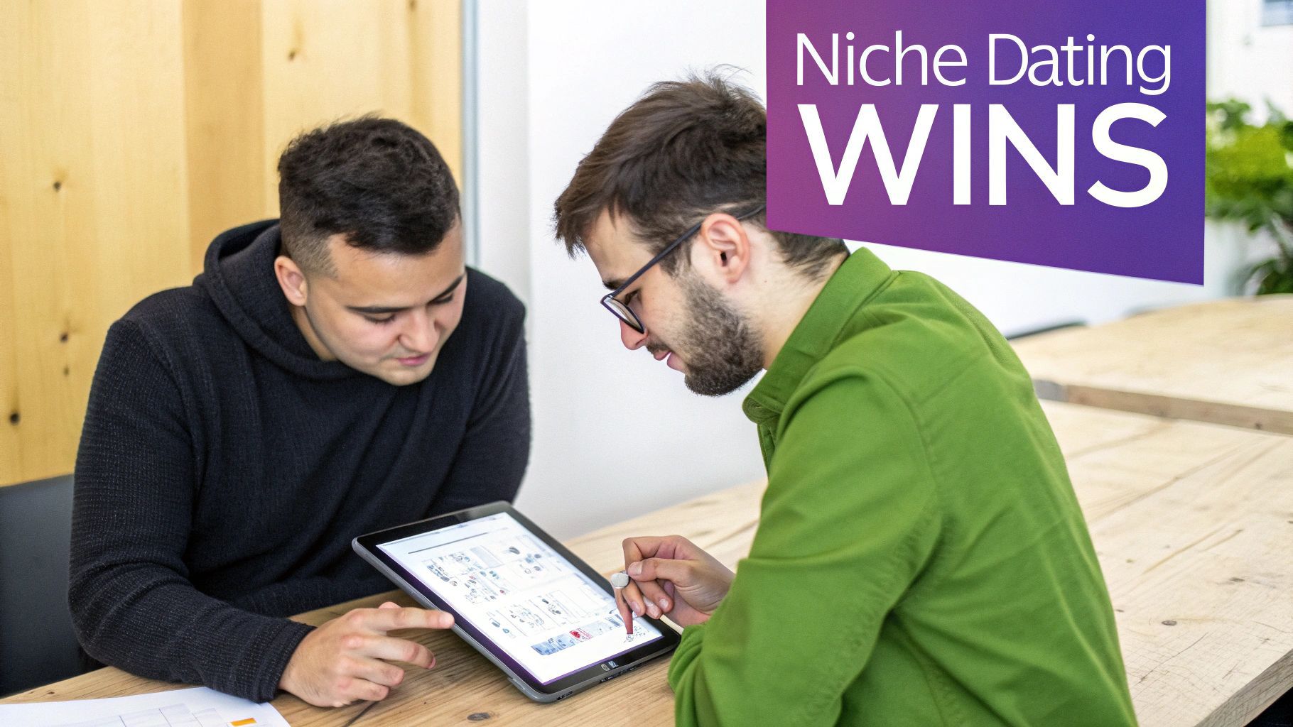 A collage of diverse people connecting through a dating app interface, symbolizing the variety of niches available.