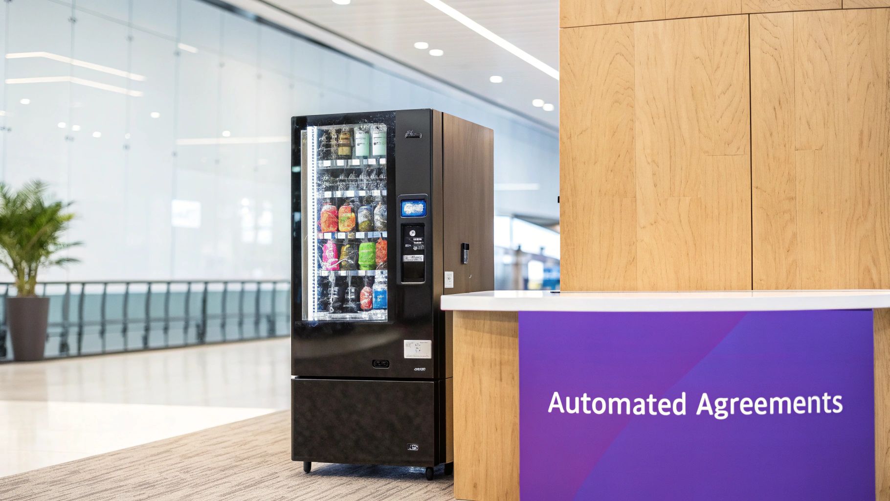 An abstract digital illustration of interconnected nodes and lines, representing the concept of a smart contract on a blockchain network.