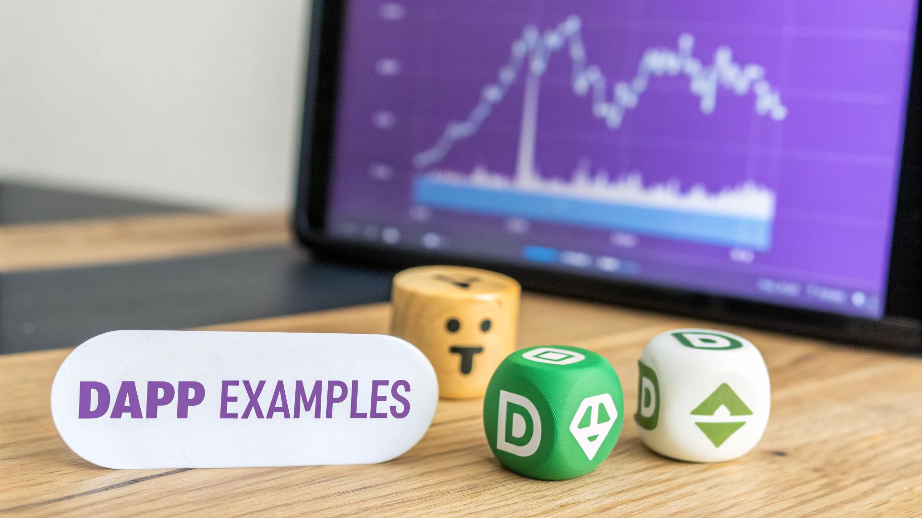 A digital art collage showing logos of various dApps like Uniswap and Axie Infinity interconnected on a blockchain network.