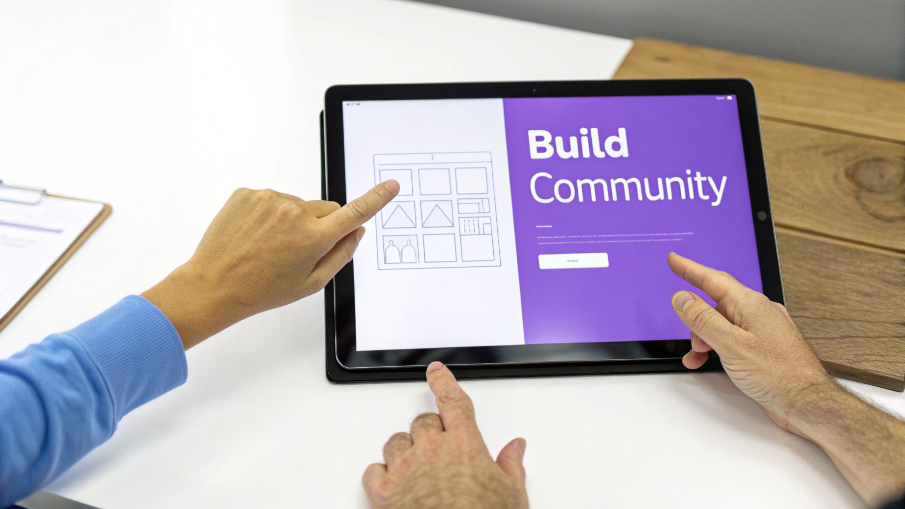 A user interface designer sketching wireframes on a tablet, surrounded by sticky notes and user flow diagrams, creating a community-focused app design.