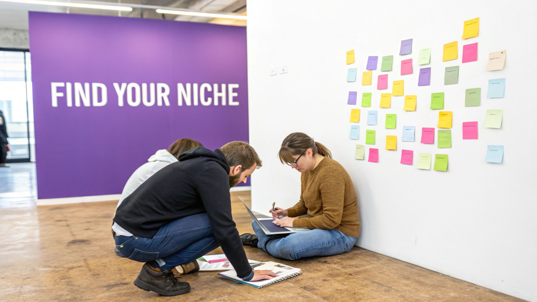 Illustration of a person using a magnifying glass to look at a large network of connected dots, representing finding a niche in a social network.