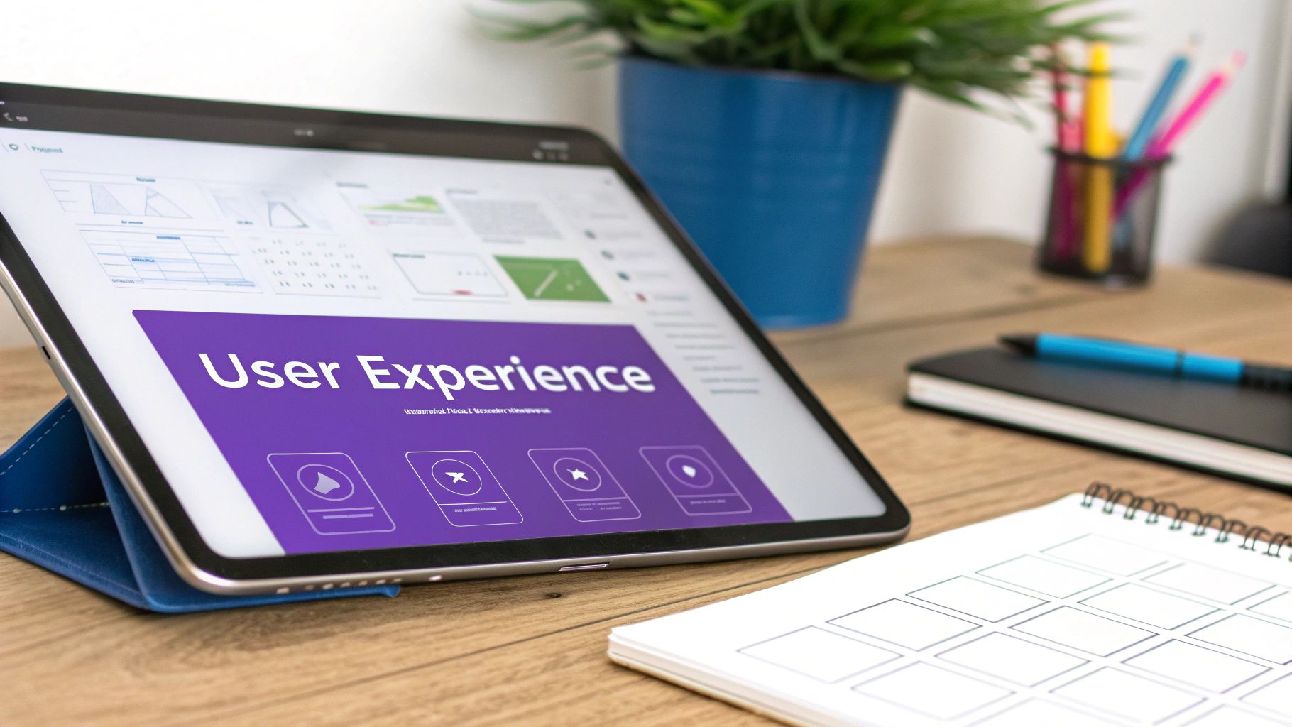 A person sketching out a user interface on a tablet, with various app elements floating around them, symbolizing user experience design.