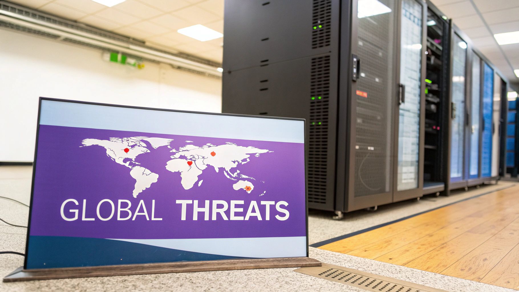 A digital illustration of a world map with glowing nodes and connecting lines, symbolizing global cyber threats.