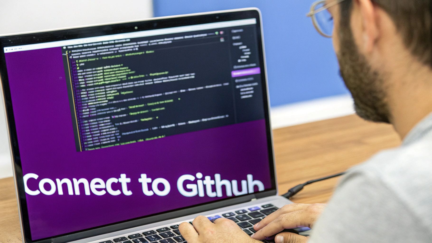 A developer's hands typing on a laptop with lines of code visible, connecting to the GitHub logo.