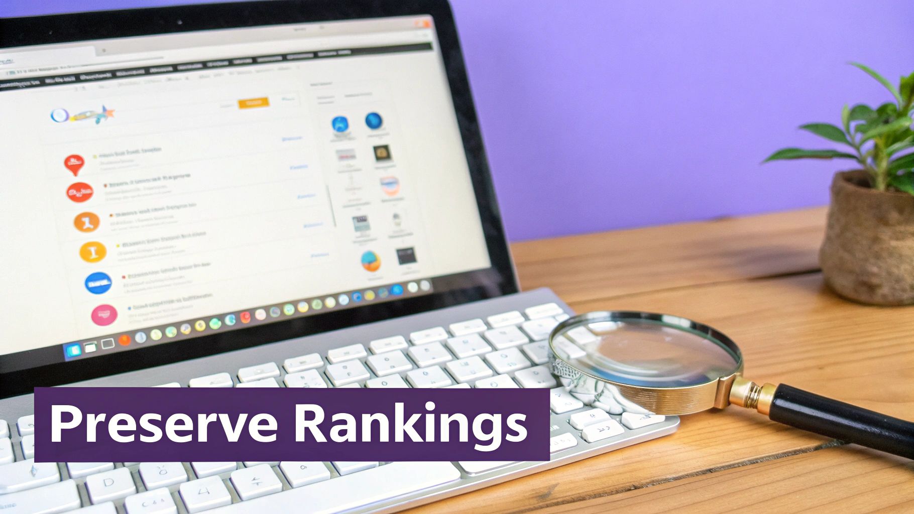 A person working on a laptop with SEO charts and graphs in the background, illustrating the process of protecting search rankings during a domain migration.