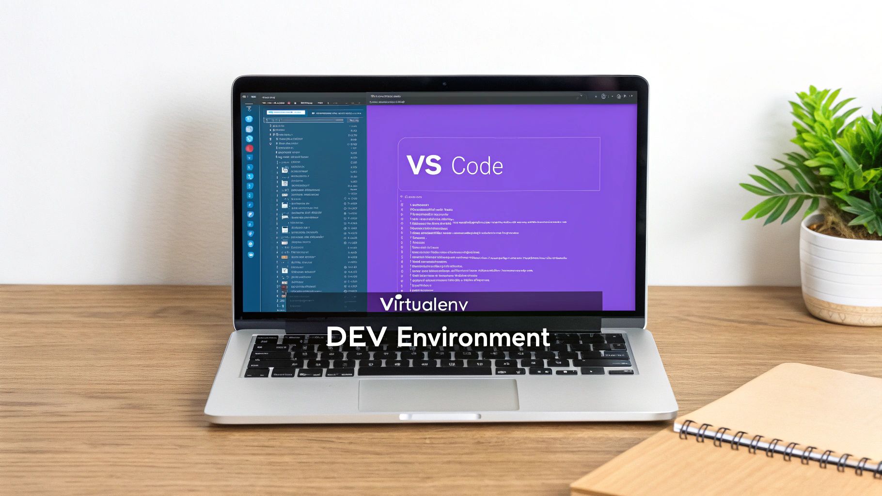 A programmer's desk with a laptop displaying code, surrounded by organized tools and plants, creating a productive atmosphere.
