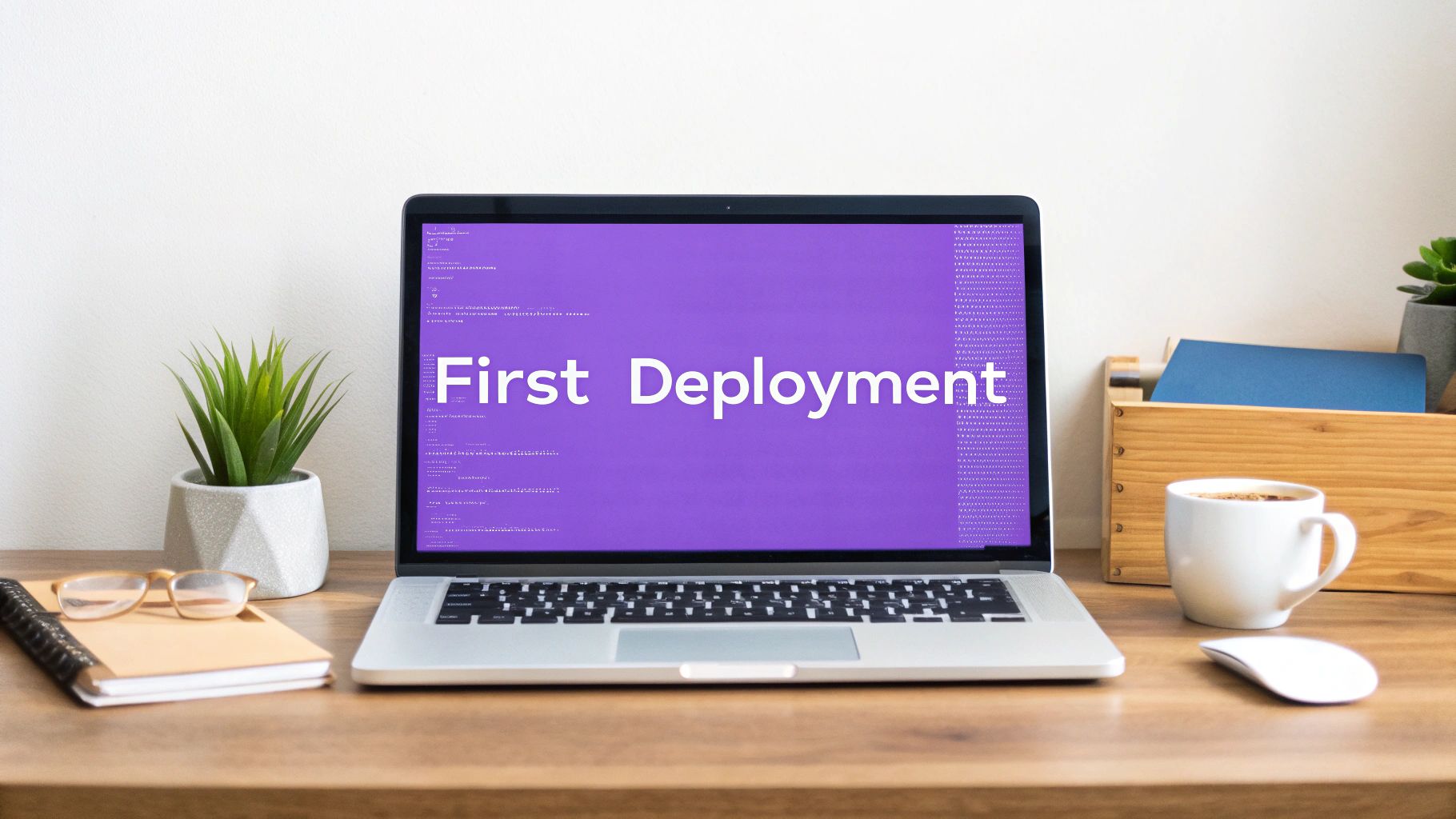 Laptop displaying purple coding screen with First Deployment text on wooden desk with coffee and plant
