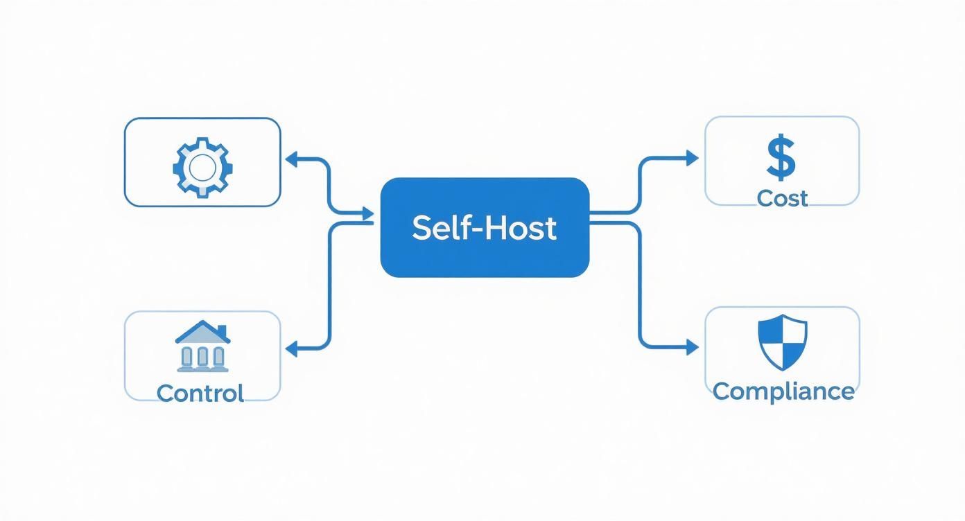 Diagram showing self-host benefits including customization, cost control, compliance, and infrastructure management