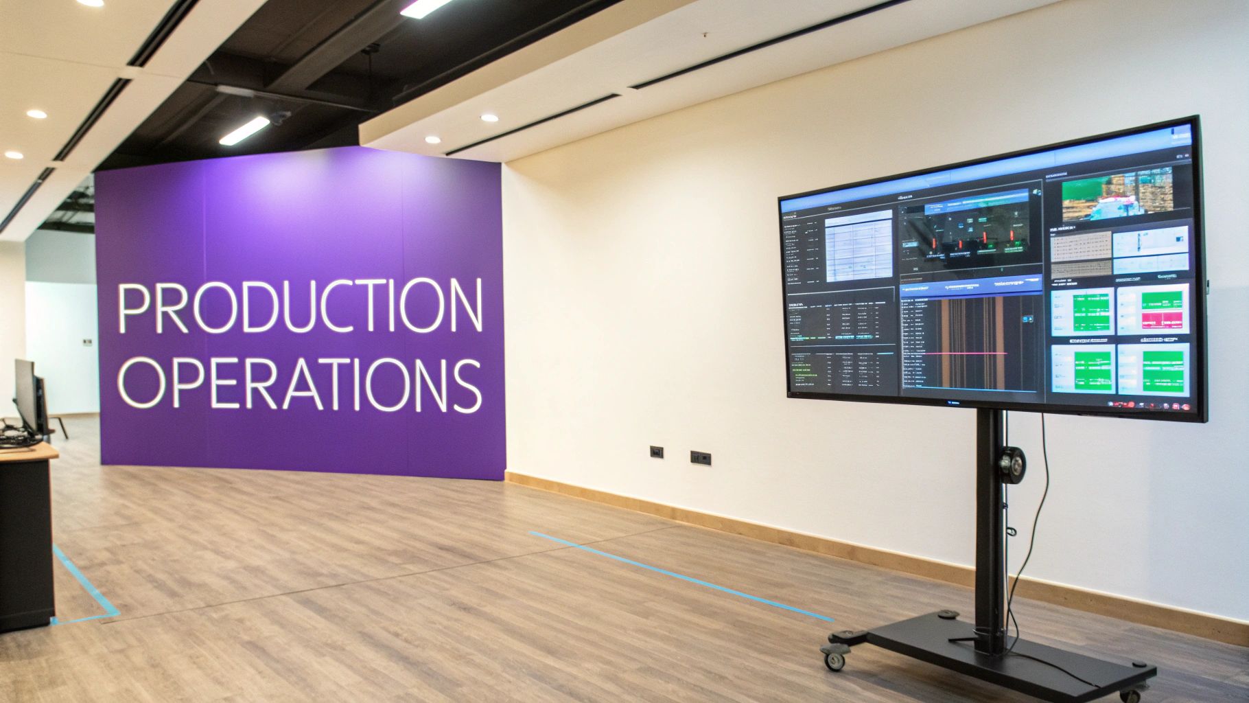 Modern production operations control room with large monitoring dashboard and purple signage wall